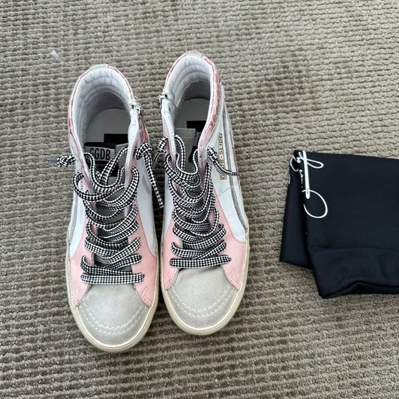 Golden Goose Slide Sneakers with White Leather and Pink Crocodile